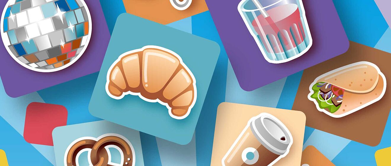 Farbige Icons von verschiedenen Gegenständen und Lebensmitteln